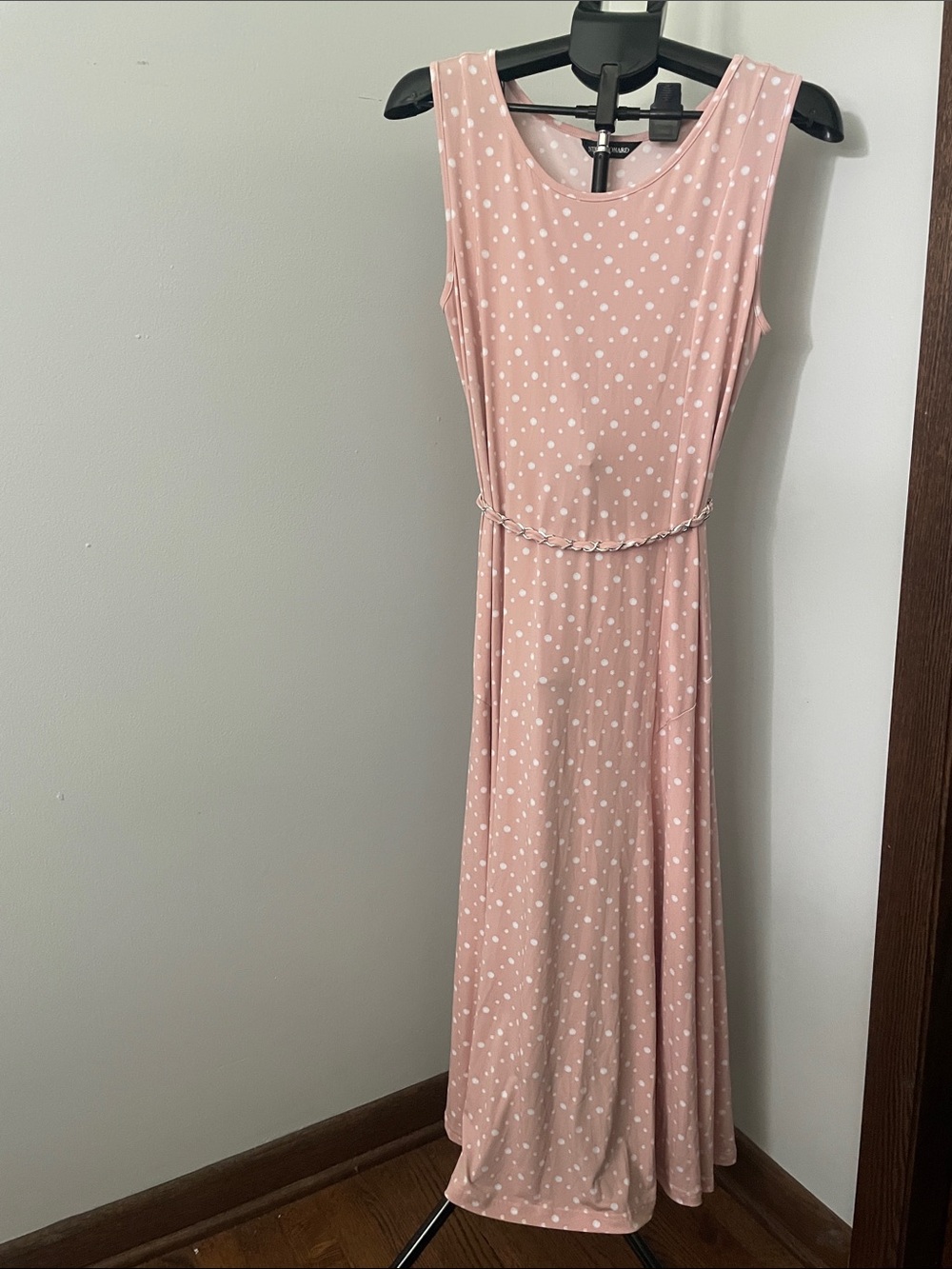 Nina Leonard Blush Pink Polka Dot Maxi Dress